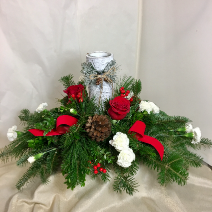 Birch-bark Candle and Pines Fresh Centerpiece