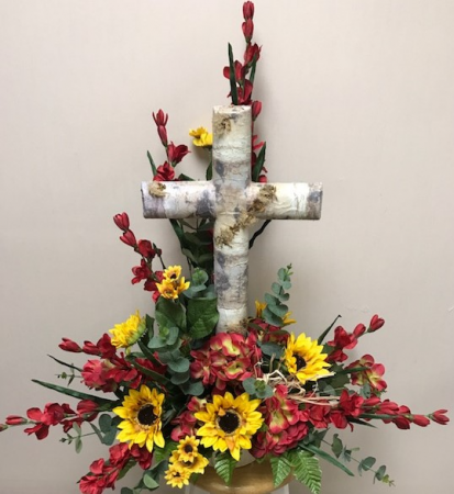 Birch Cross and Sunflowers Silk Sympathy Arrangement
