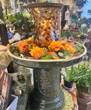 Bird Bath  including fall wreath and hurricane