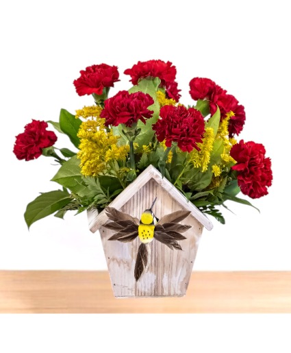 Bird House Blooms  Bird House Wooden Box Arrangement