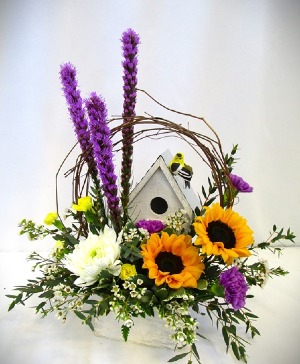 BIRD HOUSE SUNSHINE FRESH FLOWER ARRANGEMENT