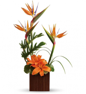 Birds and lilies flower arrangement