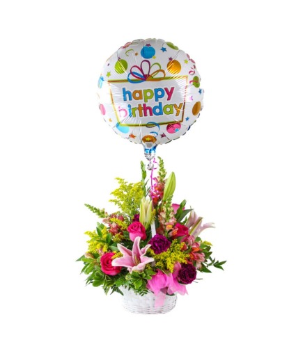 Birthday Basket with Balloons Flower Arrangement