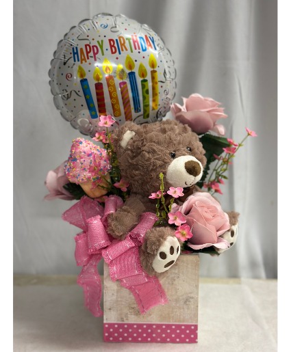 Birthday Bear Bundle Pink Silk Flowers
