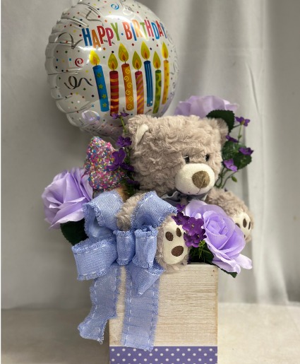 Birthday Bear Bundle Purple Silk Flowers