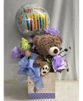 Birthday Bear Bundle Purple Silk Flowers