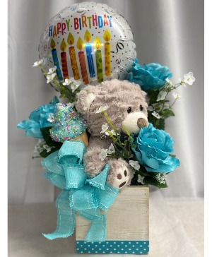 Birthday Bear Bundle Turqoise Silk Flowers