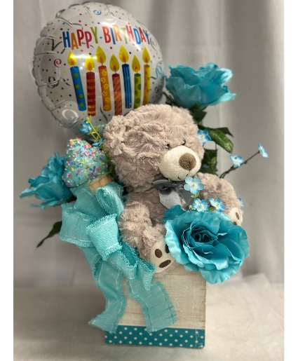 Birthday Bear Bundle Turqoise Silk Flowers