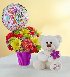 Birthday Fun Cupcake style container full of fresh flowers