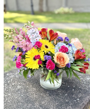 Birthday Joy Flower Arrangement. in Medina, NY | CREEKSIDE FLORAL AND DESIGN Birthday Joy Flower Arrangement. in Medina, NY | CREEKSIDE FLORAL AND DESIGN