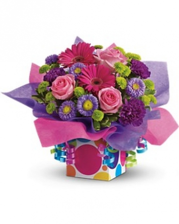 Birthday Present  Hot pink green and purple assorted flowers/ boxes
