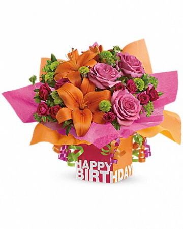 Birthday Present Hot pink,orange and green assorted flowers/boxes