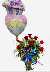 Birthday Red Roses with 2 Balloons Vase of Roses