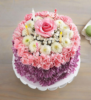 Birthday wishes flower cake All-around, 3-D cake-shaped floral arrangement