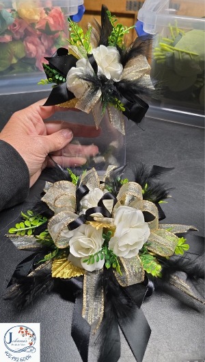 Black and Gold Wrist Corsage & Pocket Boutonniere Silk Ensemble Set 