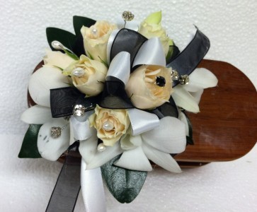 Black and White Jazz wrist corsage - medium size