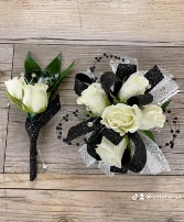 Black and White Wristlet and boutonniere  