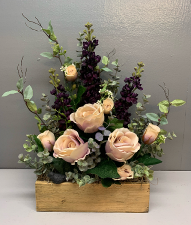 Black bird on wood box light pink and purple Silk Arrangement (ARTIFICIAL)