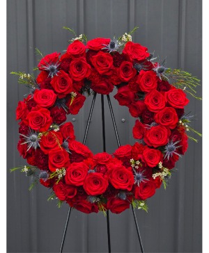 Blazing Red Open Wreath Funeral Flowers