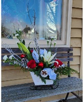 Blessings, Peace, and Love Wooden Sleigh Holiday Flowers