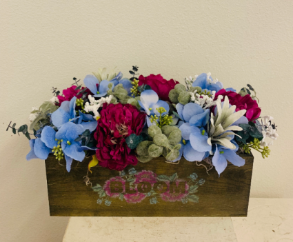 (SILK) Box with Blue Hydrangeas and Pink Peonies Silk Arrangement