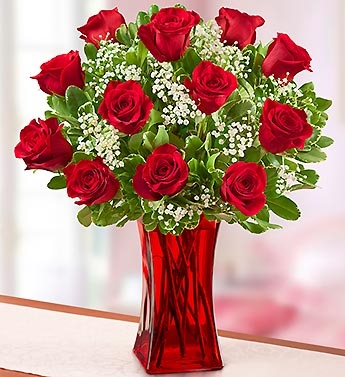 Blooming Love12 Premium Red Roses in Red Vase 