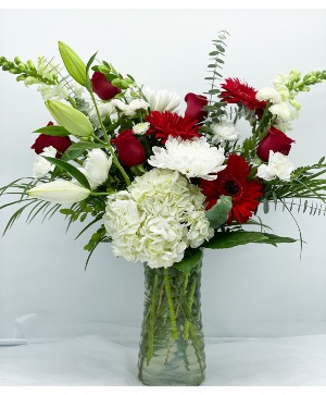Blooms from the heart  Vase red and white flowers 