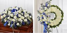 BLUE AND WHITE 2-PC. PACKAGE CASKET SPRAY AND WREATH, WAS $500/Now 375.00
