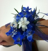 Blue and White Angel wrist corsage