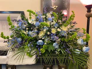 Blue and White Casket Piece  in Highland, UT | The Painted Daisy Florist