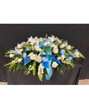 Blue and White Casket Spray in Dayton, OH | ED SMITH FLOWERS & GIFTS INC. Blue and White Casket Spray in Dayton, OH | ED SMITH FLOWERS & GIFTS INC.