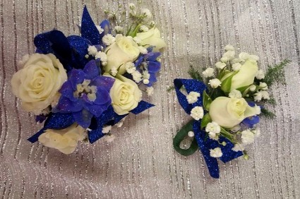 Blue and White Corsage & Boutonniere 
