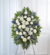 BLUE AND WHITE FUNERAL SPARY BLUE AND WHITE FLOWER SPRAY WITH EASEL
