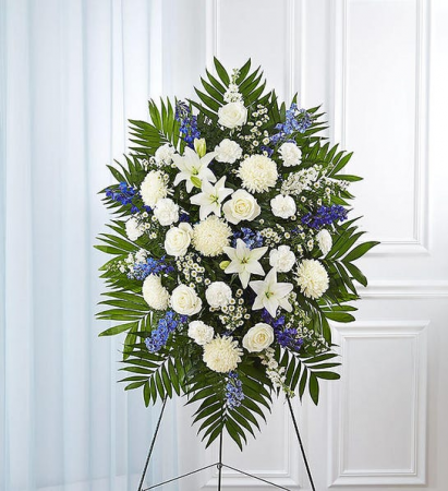BLUE AND WHITE FUNERAL SPARY WE CAN MODIFY COLORS ACCORDINGLY  TO YOUR REQUEST 