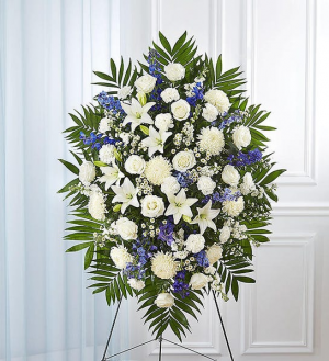 BLUE AND WHITE FUNERAL STANDING SPRAY 