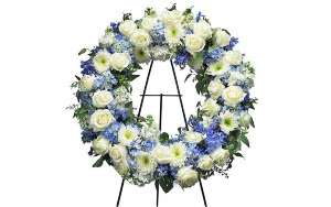BLUE AND WHITE ROSE SYMPATHY WREATH STANDING PIECE
