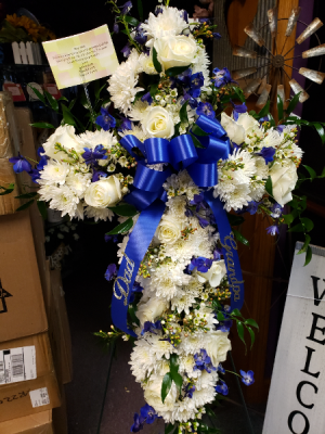 Blue and white standing cross Standing spray 