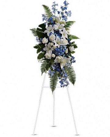 Blue and white standing spray Funeral tribute