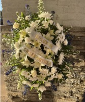  Blue and White Tribute Standing Spray with banner 