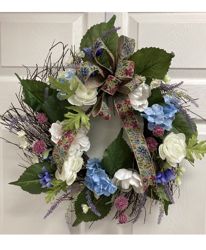 Blue and white w/ floral burlap bow Permanent botanical wreath