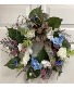 Blue and white w/ floral burlap bow Permanent botanical wreath