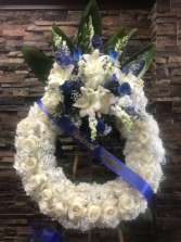 45" BLUE AND WHITE WREATH 2 WITH BANNER STANDING FUNERAL PC