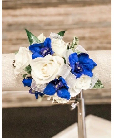 Blue and White Wrist Corsage 39.99 (also in White/Purple) in Saint Paul, MN | CENTURY FLORAL
