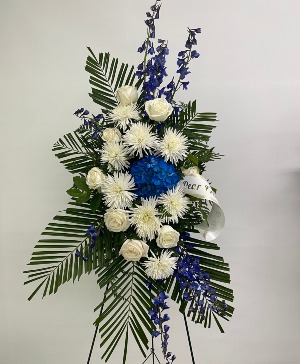 Blue Beauty Standing Spray Funeral Arrangement