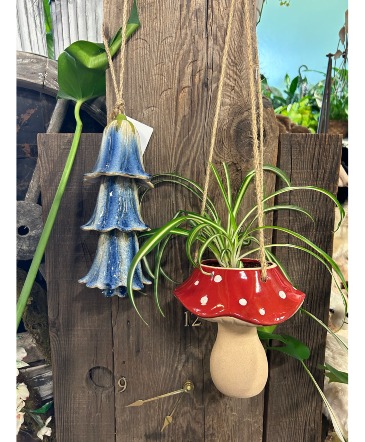 Ceramic blue bells Windchime Mushroom Hanging Planter TEMP SOLD OUT in Bend, OR | AUTRY'S 4 SEASONS FLORIST