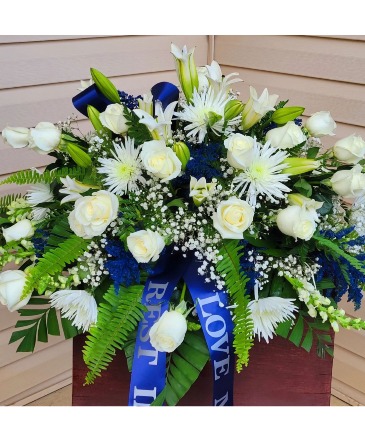 Blue Beloved Casket Spray in Bear, DE | S&M Flowers