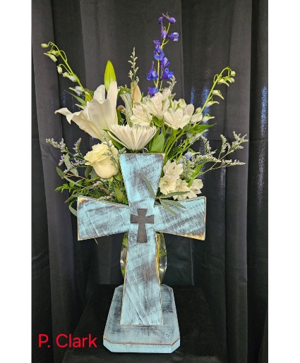 Blue Cross Pedestal with Bouquet Floral and Gift Item