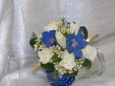 Blue Delphinium and Spray Roses Wrist Corsage