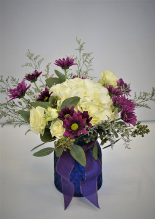 BLUE GLASS RADIANCE FRESH FLOWERS VASED