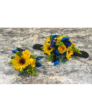 Blue & Gold Wrist Corsage & Boutonniere Set